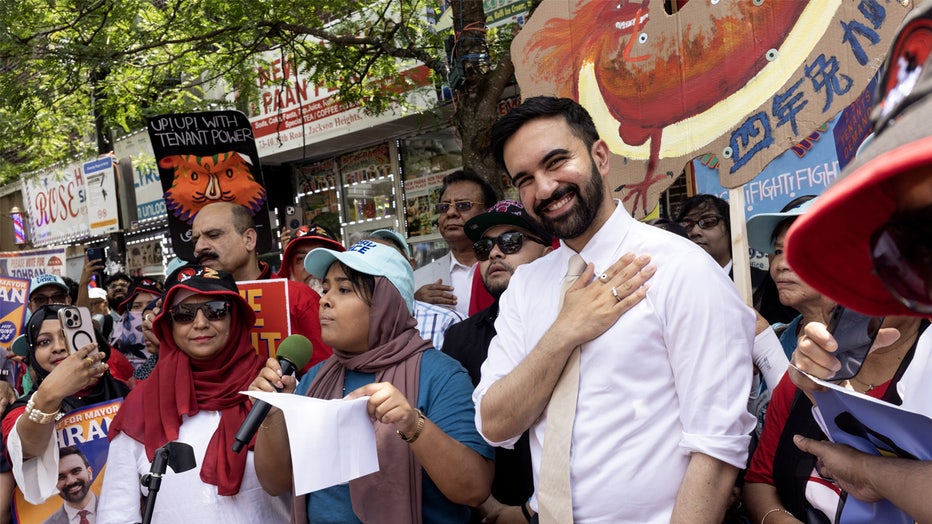 NEW YORK, NEW YORK - JUNE 21: New York City mayoral election, candidate Zohran Mamdani attends a campaign rally, calling for the full enforcement of the city's Sanctuary City laws, June 21, 2025, in Diversity Square in the Jackson Heights neighborhood of the borough of Queens, New York City. (Photo by Andrew Lichtenstein/Corbis via Getty Images)