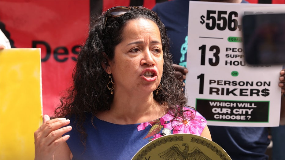 NEW YORK, NEW YORK - JUNE 20: Councilmember Alexa Avilés speaks during a rally against proposed cuts to the NYC budget at City Hall on June 20, 2024 in New York City. Various organizations, elected officials and community members gathered for a rally led by The People’s Plan on the steps of City Hall calling on the City Council to hold firm in their negotiations regarding Mayor Eric Adams' proposed cuts in the upcoming budget. The mayor has already made seven cuts to the city budget that have affected education, libraries and cultural institutions. (Photo by Michael M. Santiago/Getty Images)