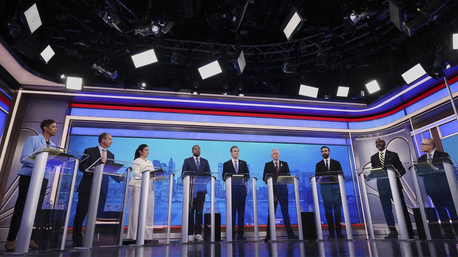 NEW YORK, NEW YORK - JUNE 4: From left, Democratic mayoral candidates Adrienne Adams, Brad Lander, Jessica Ramos, Zellnor Myrie, Andrew Cuomo, Whitney Tilson, Zohran Mamdani, Michael Blake and Scott Stringer participate in the New York City Democratic Mayoral Primary Debate at NBC Studios on June 4, 2025 in New York City. Nine candidates are taking the stage for the first debate of the primary election for mayor. (Photo by Yuki Iwamura-Pool/Getty Images)