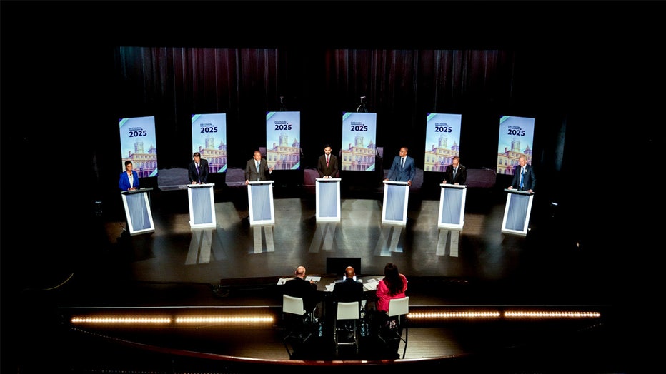 Adrienne Adams, New York City mayoral candidate, from left, Andrew Cuomo, New York City mayoral candidate, Brad Lander, New York City mayoral candidate, Zohran Mamdani, New York City mayoral candidate, Zellnor Myrie, New York City mayoral candidate, Scott Stringer, New York City mayoral candidate, and Whitney Tilson, New York City mayoral candidate, during a mayoral Democratic primary debate in New York, US, on Thursday, June 12, 2025. The mayoral race has become one of the most crowded in recent memory, with at least nine Democrats with significant fundraising numbers running in this month's primary. Photographer: Vincent Alban/The New York Times/Bloomberg via Getty Images