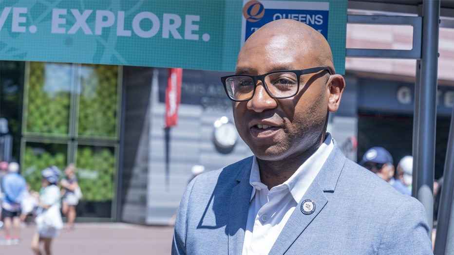 NEW YORK, UNITED STATES - 2023/08/23: Queens Borough President Donovan Richards seen promoting Queens tourism during the US Open Fan week at Billie Jean King Tennis Center. (Photo by Lev Radin/Pacific Press/LightRocket via Getty Images)