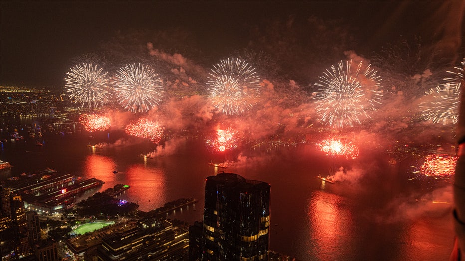 NEW YORK, NEW YORK - JULY 04: A view of New York City's 48th annual Macy's 4th of July fireworks as seen from The Edge observation deck on July 04, 2024 in New York City. (Photo by Noam Galai/Getty Images)
