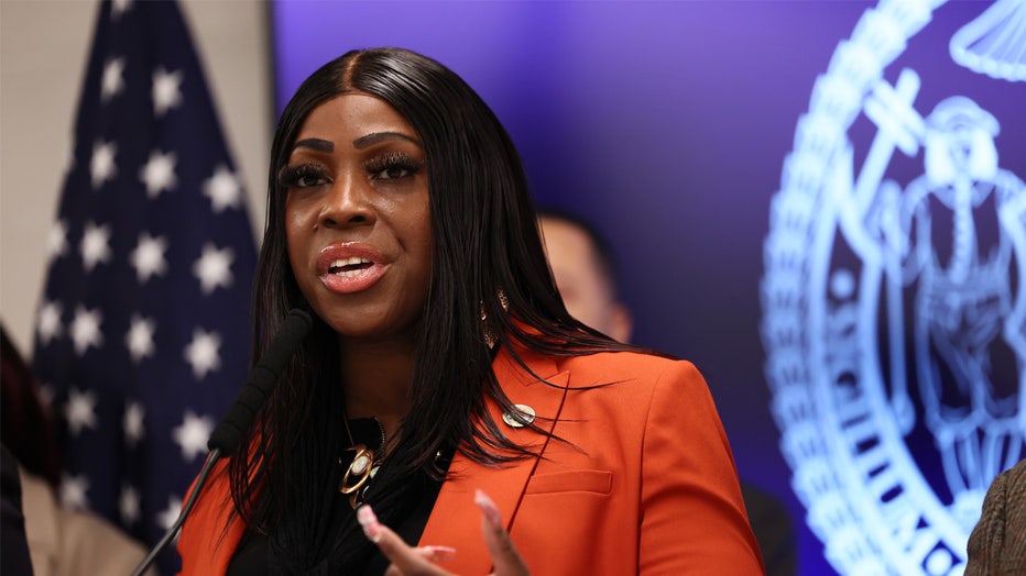 NEW YORK, NEW YORK - FEBRUARY 20: Vanessa L. Gibson, Bronx Borough President, speaks during a press conference at NYPD's 40th Precinct on February 20, 2025 in New York City. A day after attending a court hearing in response to the Justice Department’s request to dismiss corruption charges against him, Adams was joined by local officials as they spoke on public safety and quality of life affecting community members in the Bronx. Earlier this week, four deputy mayors from Adams' administration resigned over his cooperation with U.S. President Donald Trump's immigration policies, which prosecutors on his bribery case alleged was part of a deal with the Trump administration's Department of Justice to drop charges against him. (Photo by Michael M. Santiago/Getty Images)