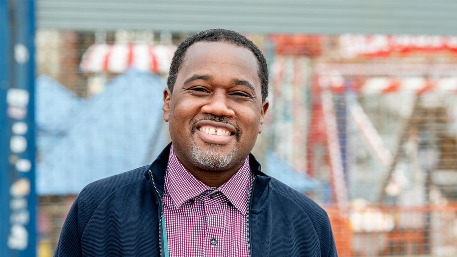 NEW YORK, NEW YORK - APRIL 09: Brooklyn Borough President candidate Khari Edwards attends Coney Island Amusement Park's reopening after 18 months due to the coronavirus pandemic on April 09, 2021 in New York City. Deno's Wonder Wheel, which opened in 1920, will also be celebrating its delayed 100th anniversary. (Photo by Roy Rochlin/Getty Images)