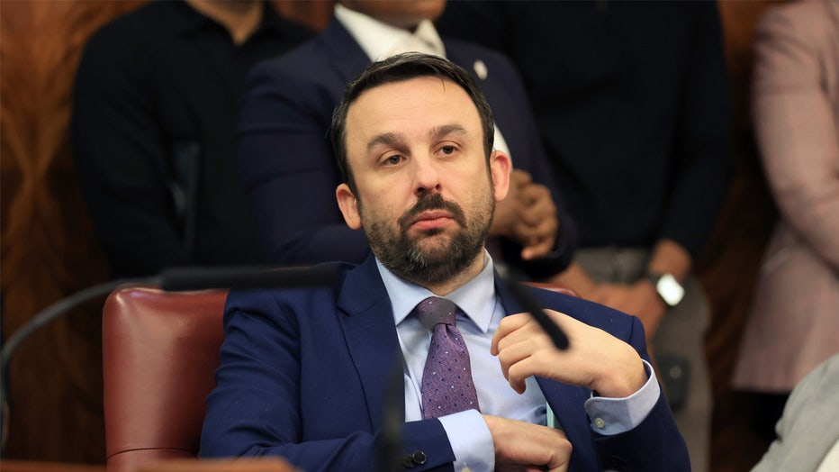 City Council member Keith Powers sits in the Council chambers during vote and override of Mayor Adams veto of the "How Many Stops Act" on Jan. 30, 2024. (Luiz C. Ribeiro for New York Daily News/Tribune News Service via Getty Images)