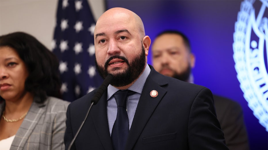 NEW YORK, NEW YORK - FEBRUARY 20: Council member Rafael Salamanca Jr. speaks during a press conference at NYPD's 40th Precinct on February 20, 2025 in New York City. A day after attending a court hearing in response to the Justice Department’s request to dismiss corruption charges against him, Adams was joined by local officials as they spoke on public safety and quality of life affecting community members in the Bronx. Earlier this week, four deputy mayors from Adams' administration resigned over his cooperation with U.S. President Donald Trump's immigration policies, which prosecutors on his bribery case alleged was part of a deal with the Trump administration's Department of Justice to drop charges against him. (Photo by Michael M. Santiago/Getty Images)