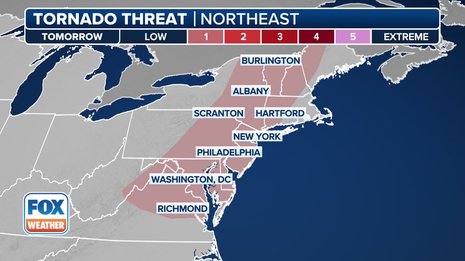 This graphic shows the tornado threat on Thursday, June 19, 2025.(FOX Weather)