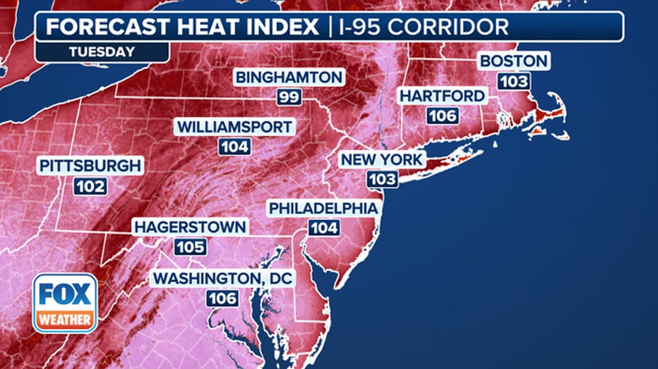 This graphic shows the forecast heat index on Tuesday, June 24, 2025.(FOX Weather)