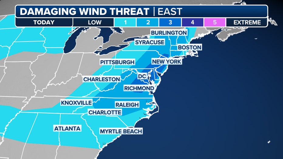 This graphic shows the threat of damaging wind gusts on Thursday, June 19, 2025.(FOX Weather)
