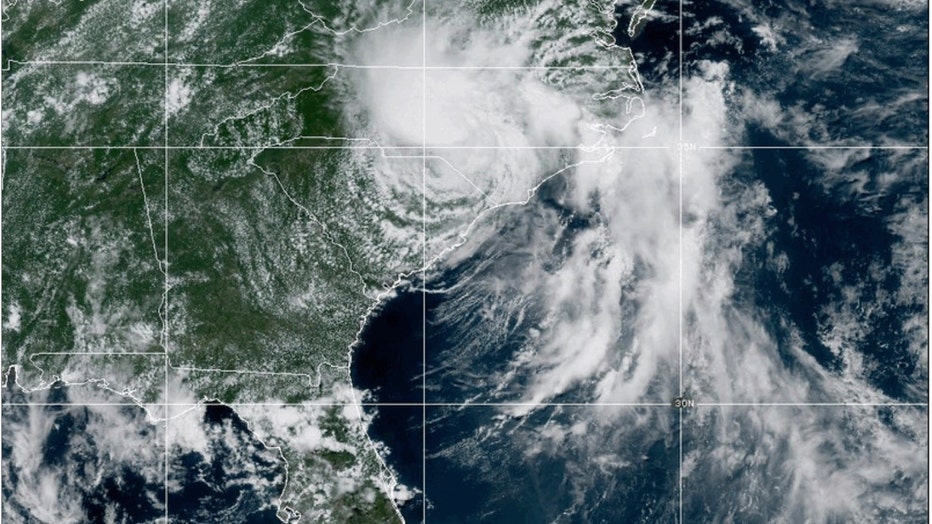 This image provided by the National Oceanic and Atmospheric Administration (NOAA) shows Tropical Storm Chantal as it moves from South Carolina into central North Carolina on Sunday, July 6, 2025. (NOAA via AP)