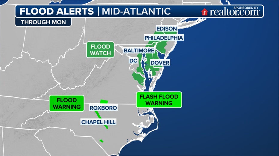 This graphic shows the Flood Alerts Monday for the Southeast and mid-Atlantic.(FOX Weather)