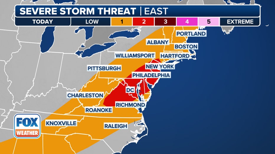 This graphic shows the severe storm threat on Tuesday, July 1, 2025. (FOX Weather)