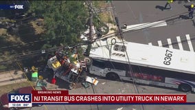 NJ Transit bus crashes into utility truck in Newark