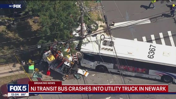 NJ Transit bus crashes into utility truck in Newark