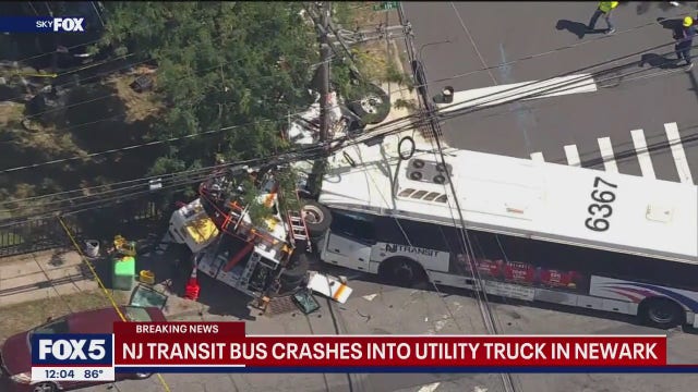 NJ Transit bus crashes into utility truck in Newark