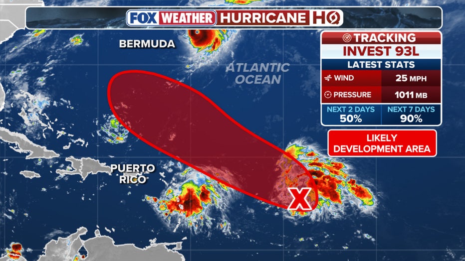 This graphic shows information on Invest 93L in the Atlantic.(FOX Weather)