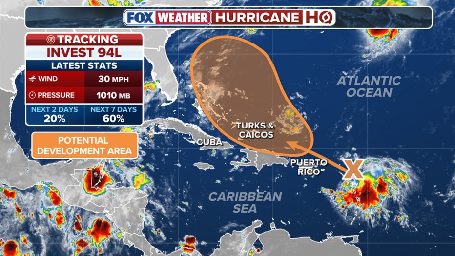 This graphic shows information Invest 94L in the Atlantic.(FOX Weather)
