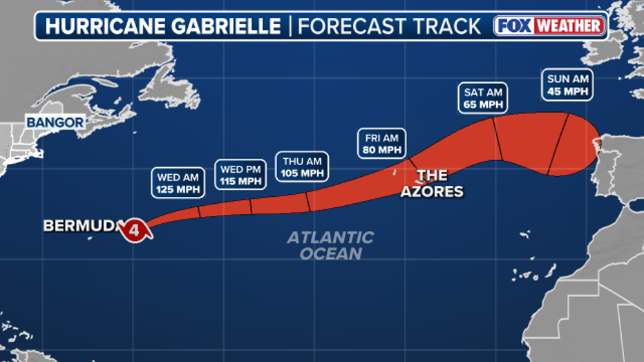 This graphic shows the forecast track for Hurricane Gabrielle.(FOX Weather)