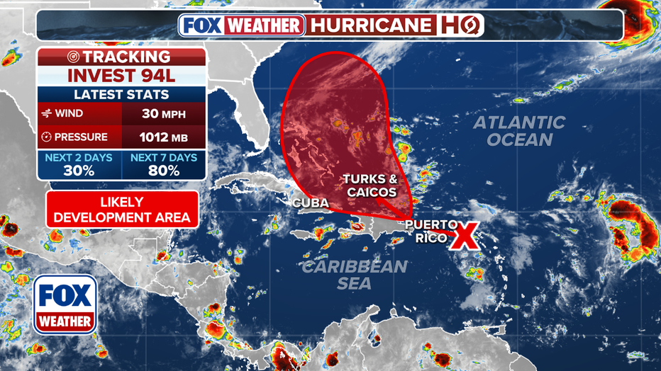 This graphic shows information Invest 94L in the Atlantic.(FOX Weather)