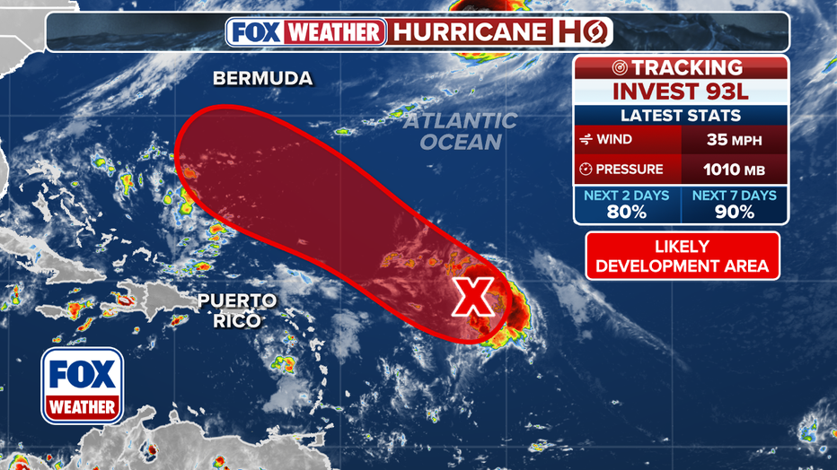 This graphic shows information on Invest 93L in the Atlantic.(FOX Weather)