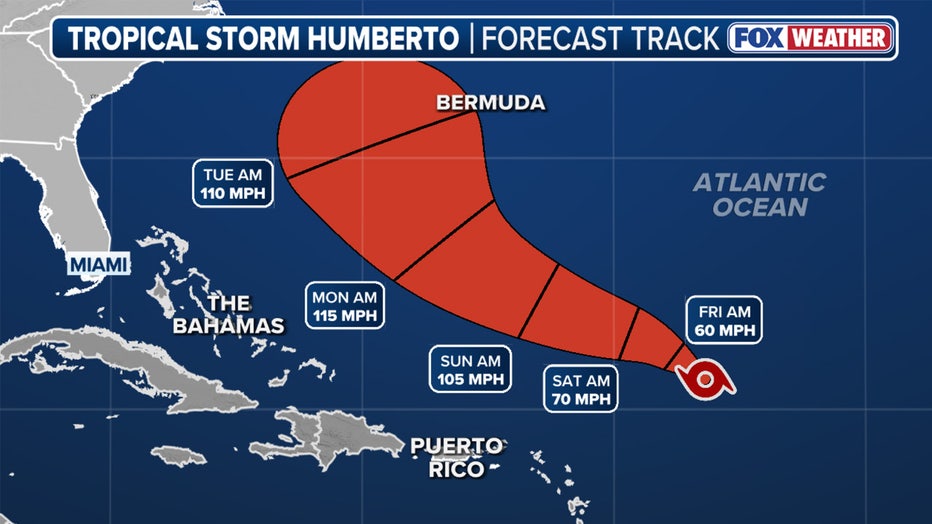 The forecast cone for Tropical Storm Humberto.(FOX Weather)