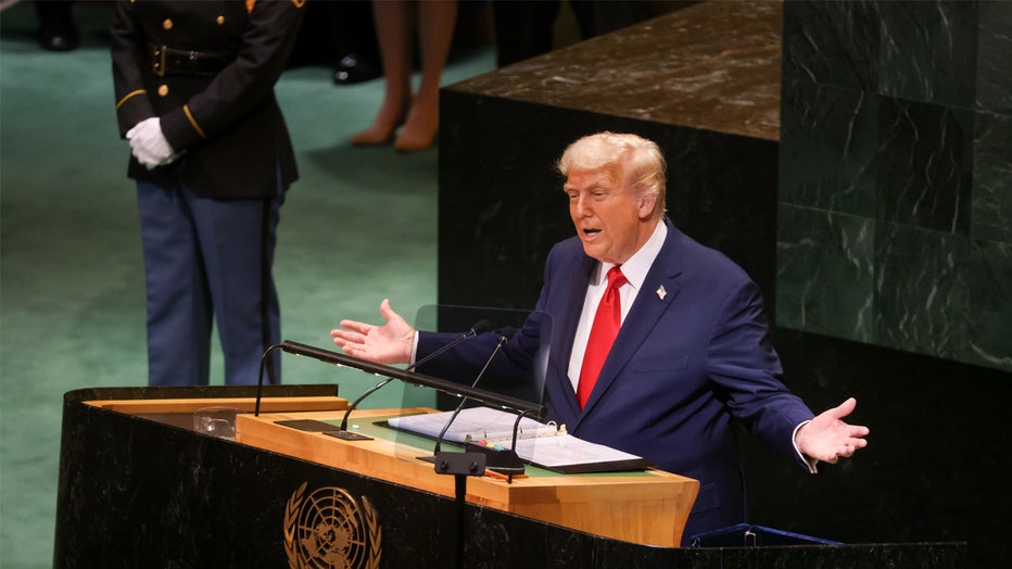 US President Donald Trump during the United Nations General Assembly (UNGA) in New York, US, on Tuesday, Sept. 23, 2025. The United Nations General Assembly, which opens Tuesday, brings more than 150 world leaders and their entourages into Midtown - a convergence that has been compared to hosting the Super Bowl every day for a week, across an entire neighborhood. Photographer: Michael Nagle/Bloomberg via Getty Images
