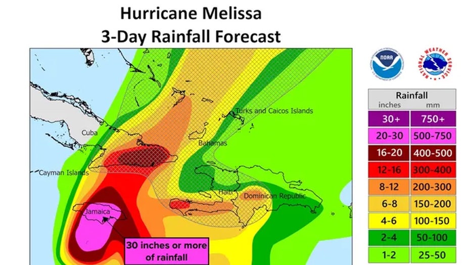 This image shows the forecast rain totals from Hurricane Melissa. (FOX Weather)