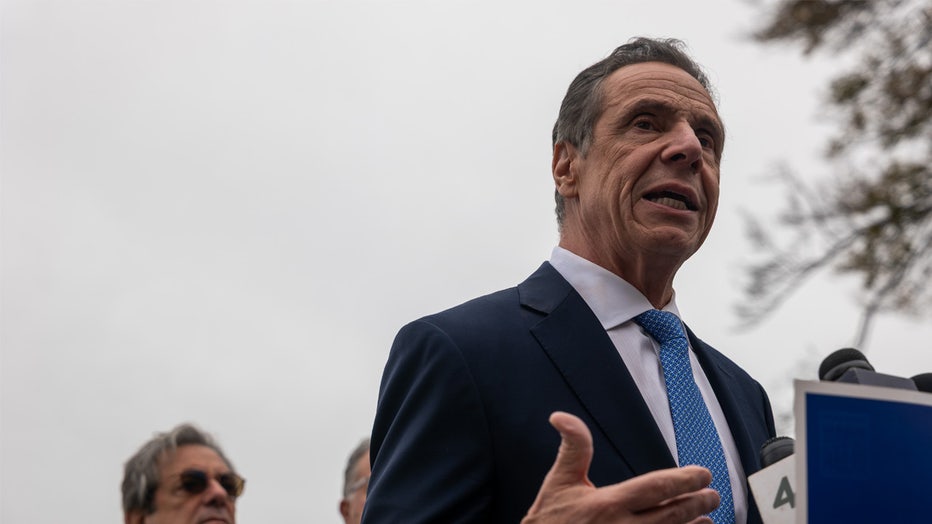 NEW YORK, NEW YORK - OCTOBER 29: Former Governor Andrew Cuomo holds a news conference at an Italian American organization in Staten Island to highlight an image purporting to show his mayoral challenger, New York State Assembly member Zohran Mamdani (D), making a rude gesture to a statue of Christopher Columbus on October 29, 2025 in New York City. According to the latest polling, Mamdani is leading Cuomo by 10 points in the New York City mayoral race to succeed outgoing Mayor Eric Adams. (Photo by Spencer Platt/Getty Images)