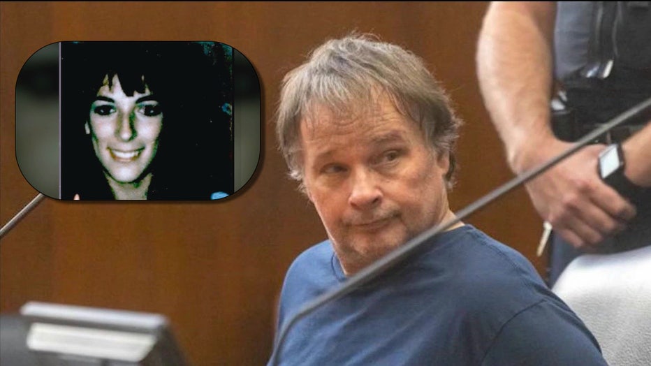 Richard Biloudeau sitting in court with an inset of Theresa Fusco from the 1980s.