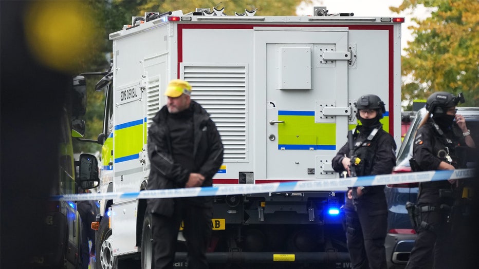 MANCHESTER, ENGLAND - OCTOBER 2: A police bomb disposal van is seen near the Heaton Park Hebrew Congregation Synagogue, where multiple were injured after stabbing and car attack on Yom Kippur, on October 2, 2025 in the Crumpsall suburb of Manchester, England. Greater Manchester Police said they were called to the scene shortly after 9:30 AM, when a witness said the assailant drove a car at people and then stabbed someone. Police then shot the suspected attacker. (Photo by Christopher Furlong/Getty Images)