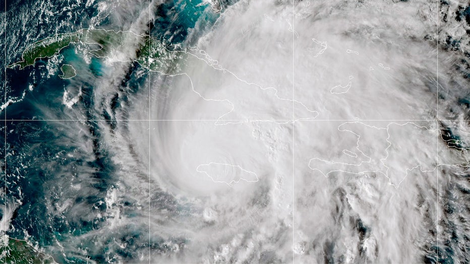 IN SPACE, CARIBBEAN SEA - OCTOBER 28: (EDITOR'S NOTE: This Handout image was provided by a third-party organization and may not adhere to Getty Images' editorial policy.) In this handout satellite image provided by the National Oceanic and Atmospheric Administration (NOAA), Hurricane Melissa makes landfall over Jamaica and weakens to a Category 4 storm in the Caribbean Sea, captured at 20:30Z on October 28, 2025. Hurricane Melissa hit Jamaica, bringing torrential winds, flash flooding, and storm surge, according to the National Hurricane Center. (Photo by NOAA via Getty Images)