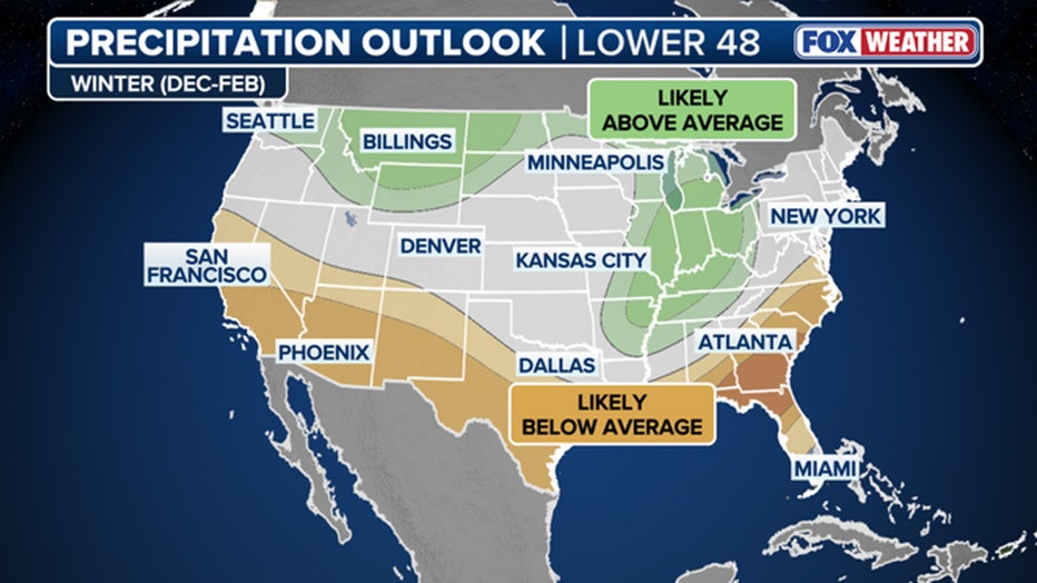 NOAA's seasonal precipitation outlook for December 2025 to February 2026. (FOX Weather)