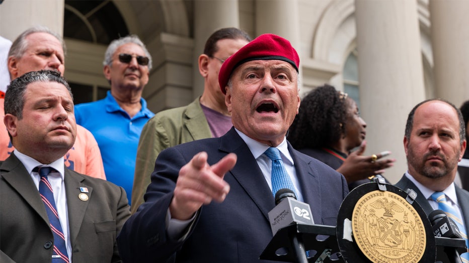 NEW YORK, NEW YORK - SEPTEMBER 30: Curtis Sliwa, the Republican candidate for mayor of New York City, speaks at a press event at City Hall on September 30, 2025, in New York City. After the current mayor Eric Adams dropped out of the race, there is growing pressure on Sliwa to drop out as well so that Andrew Cuomo has a better chance of defeating Zohran Mamdani in the November general election. (Photo by Spencer Platt/Getty Images)