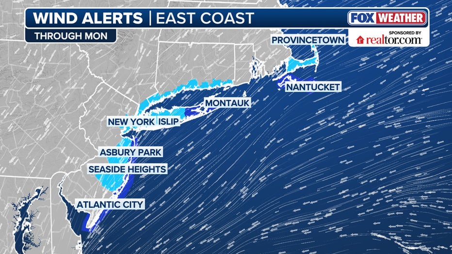 This graphic shows wind alerts in effect because of the nor'easter.(FOX Weather)