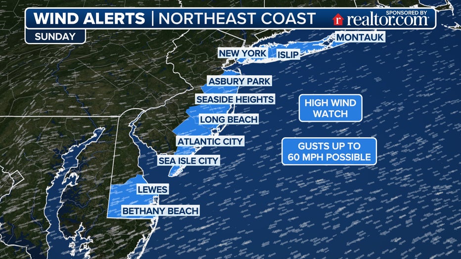 This graphic shows wind forecasts for the Northeast Coast. (FOX Weather)