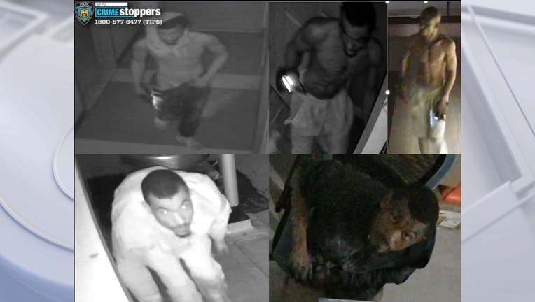 Five separate security footage still frames showing the same suspect at 5 Brooklyn break-ins.