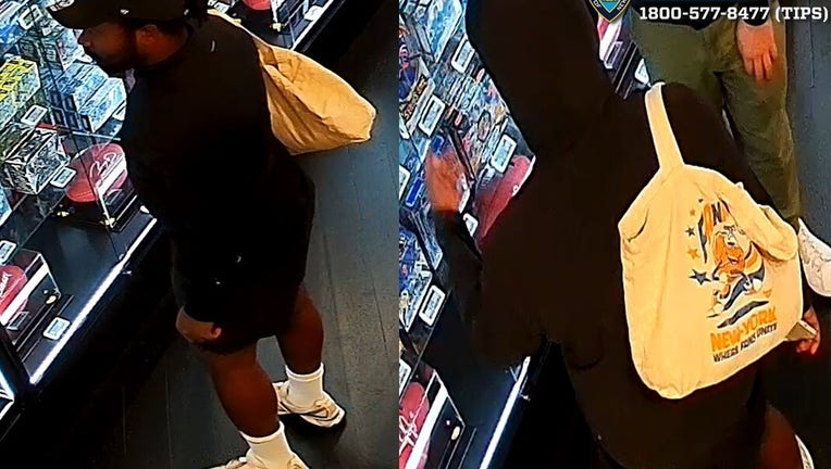 Side-by-side angles of a person in a card shop wearing white a black hoodie and shorts and white sneakers and socks, with a white tote bag over their right shoulder.