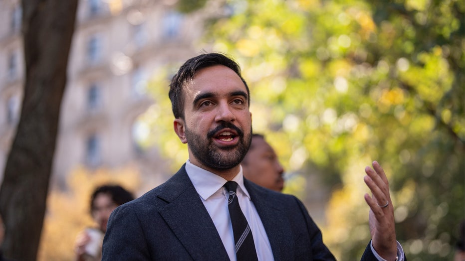 Zohran Mamdani, New York City mayoral candidate, speaks to the media and canvassers at a campaign event in the Harlem neighborhood of New York, US, on Sunday, Nov. 2, 2025. New York voters are turning out early in high numbers for a mayoral race that's captured the country's attention. Photographer: Adam Gray/Bloomberg via Getty Images