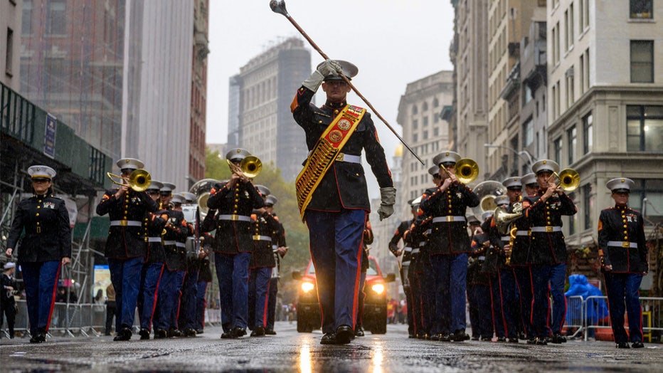 A US Marine Corps band marches during the annual Veterans Day Parade in New York on November 11, 2022. (Photo by ANGELA WEISS / AFP) (Photo by ANGELA WEISS/AFP via Getty Images)