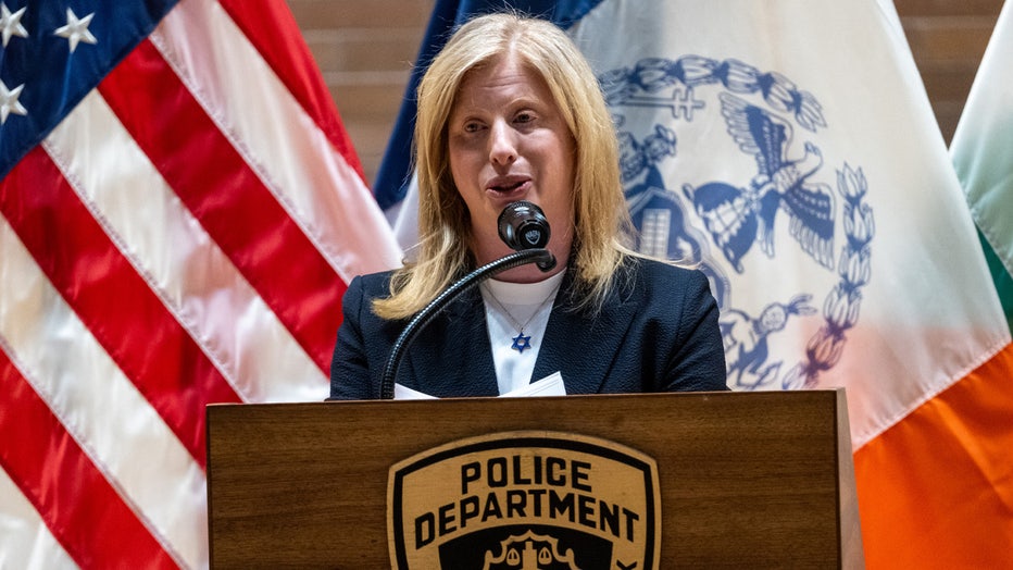 NEW YORK, NEW YORK - NOVEMBER 25: Jessica Tisch speaks after being sworn in as the next Commissioner of the New York Police Department (NYPD) during a ceremony at One Police Plaza on November 25, 2024 in New York City. Tisch, 43, the former Sanitation Commissioner will become the second female to serve in the department's 179-year history. (Photo by Spencer Platt/Getty Images)
