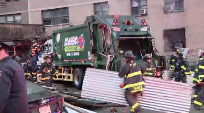 Woman killed in East Harlem garbage truck crash after scaffolding collapses