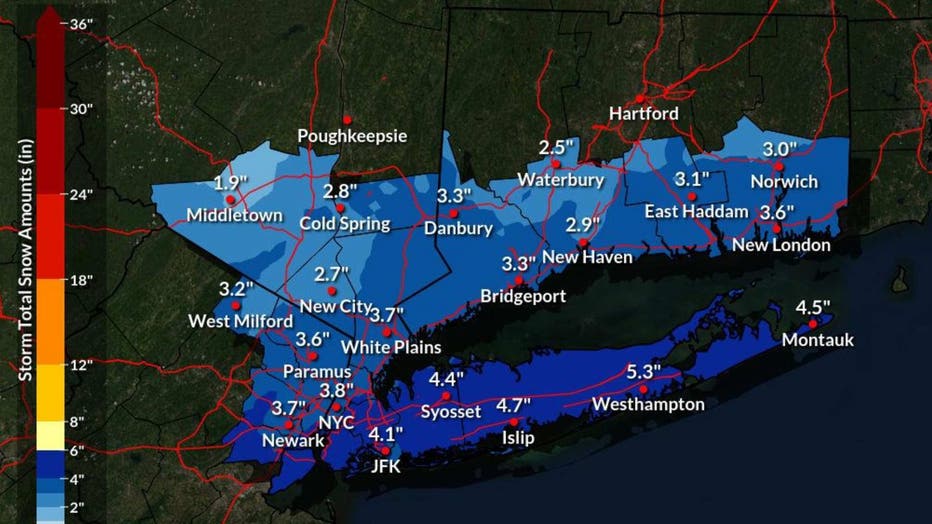 A map of projected snow totals in the New York City Metro area for Saturday, Dec. 13, 2025.