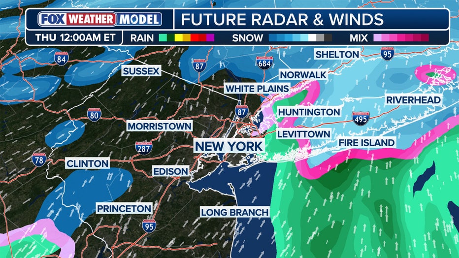 Snow forecast New Year's Day at midnight. (FOX Weather)