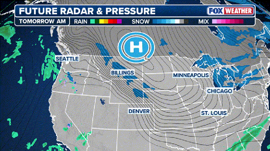 This graphic displays the future radar and pressure for the winter storm charging east through Monday. (FOX Weather)