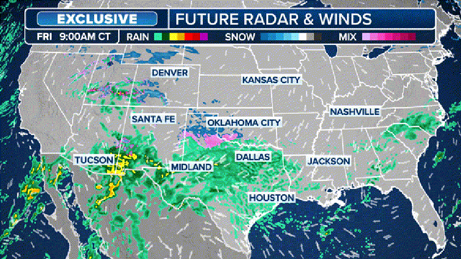 This graphic displays the future radar and pressure for the winter storm charging east through Monday.(FOX Weather)