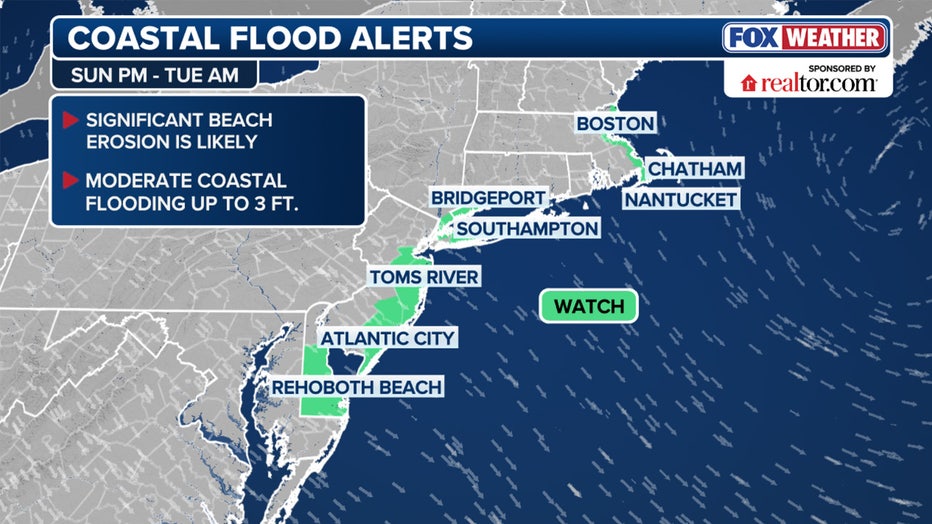 Coastal flood alerts Monday into Tuesday. (FOX Weather)