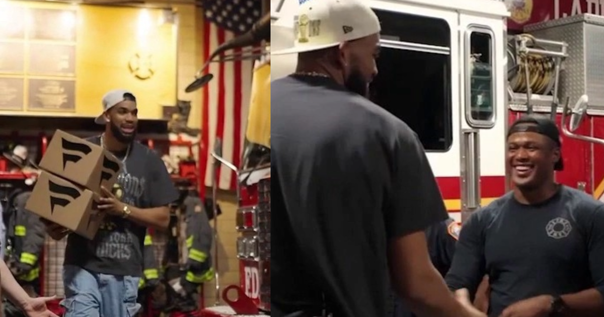 A estrela dos Knicks, Karl-Anthony Towns, surpreendeu o corpo de bombeiros do FDNY após vencer o campeonato A estrela dos Knicks, Karl-Anthony Towns, surpreendeu o corpo de bombeiros do FDNY após vencer o campeonato