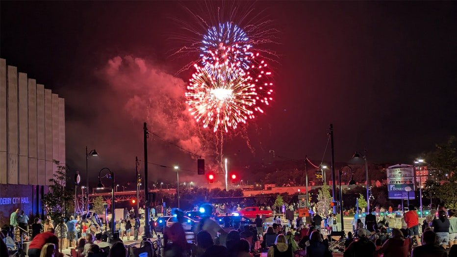 DERBY, CT - JULY 3: A view of the Derby-Shelton fireworks from Elizabeth Street in downtown Derby, Conn., on Thursday July 3, 2025. (Christian Abraham/Connecticut Post via Getty Images) 