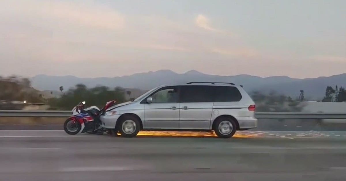 Sparks fly as minivan drags motorcycle along 91 Freeway in California ...