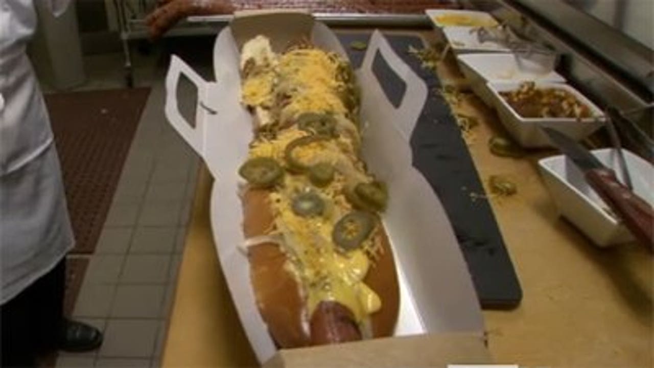 Behold the monstrous two-foot-long Texas Rangers 'boomstick' hot dog